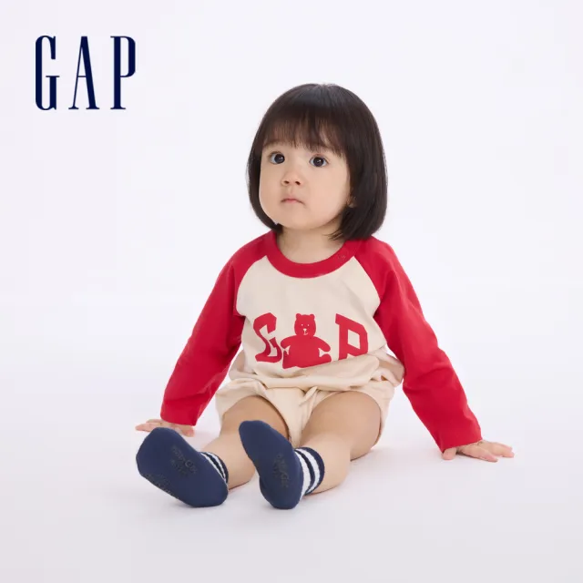 【GAP】嬰兒裝 Logo純棉小熊印花圓領長袖包屁衣 熊抱Logo系列-藍灰拼接(642922)