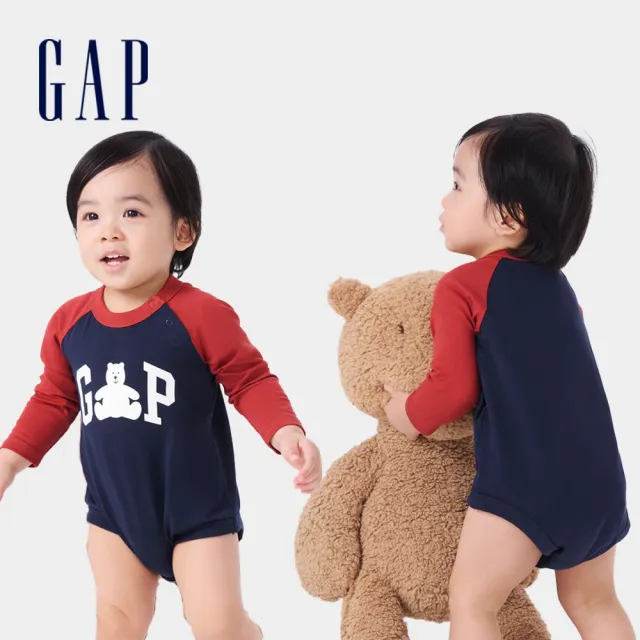 【GAP】嬰兒裝 Logo純棉小熊印花圓領長袖包屁衣 熊抱Logo系列-藍灰拼接(642922)