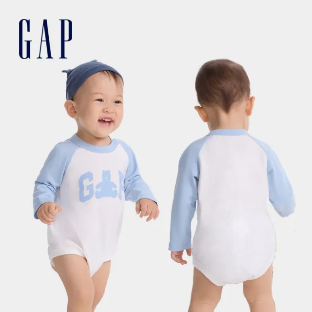 【GAP】嬰兒裝 Logo純棉小熊印花圓領長袖包屁衣 熊抱Logo系列-藍灰拼接(642922)