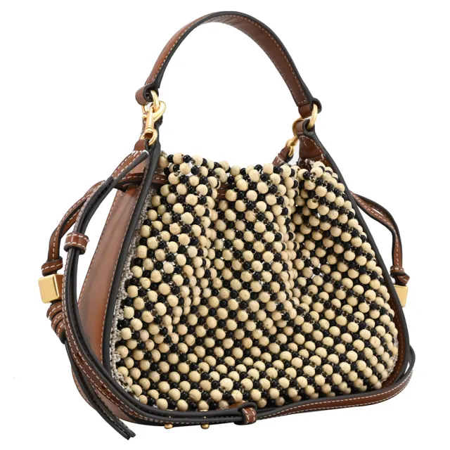 【TORY BURCH】金屬LOGO編織珠飾手提包束袋包兩用包(咖邊)
