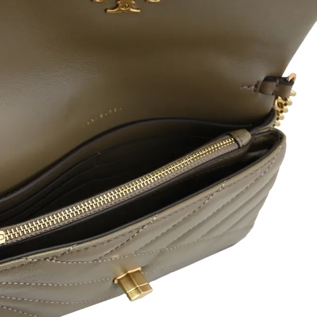 【TORY BURCH】經典雙T LOGO絎縫斜格紋翻蓋轉釦斜背包(灰棕)