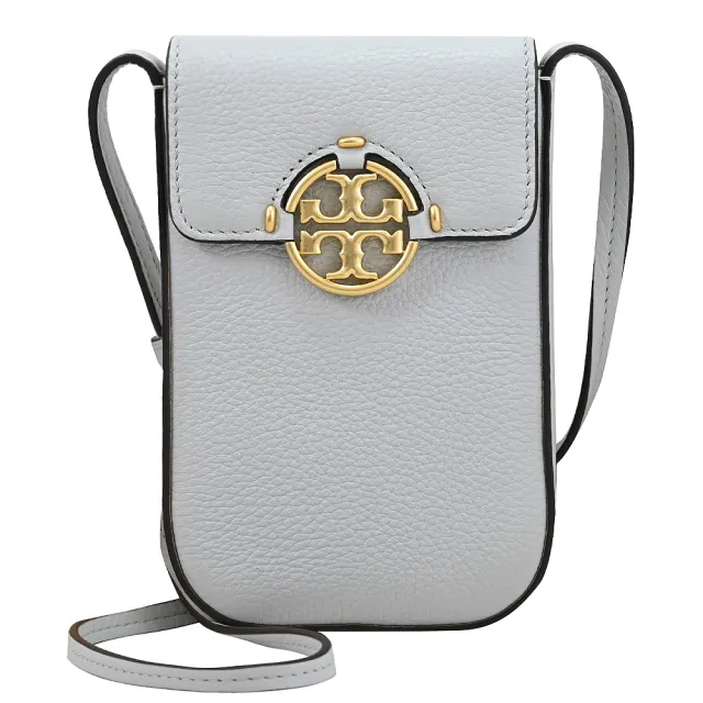 【TORY BURCH】簡約金屬雙T LOGO荔枝皮革翻蓋手機包斜背包(淺灰)