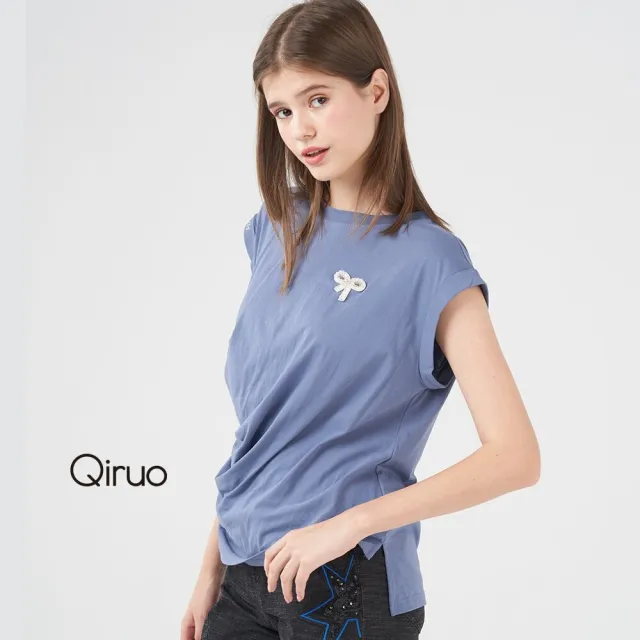 【Qiruo 奇若名品】輕度棉質 抓皺修飾身形粉藍上衣8008A