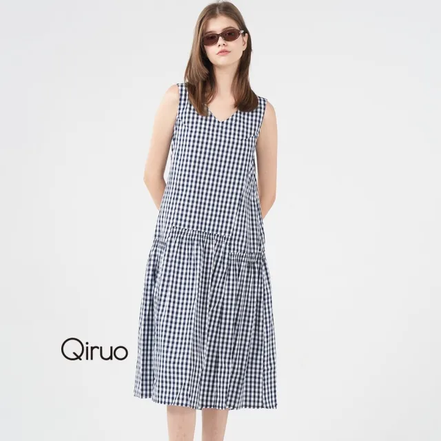 【Qiruo 奇若名品】上等棉材質 加身長五五分剪裁藍白格紋V領休閒洋裝8218F