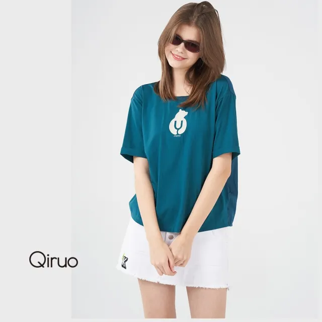 【Qiruo 奇若名品】棉質前後不同布料拼接 白熊翡綠色上衣8238A