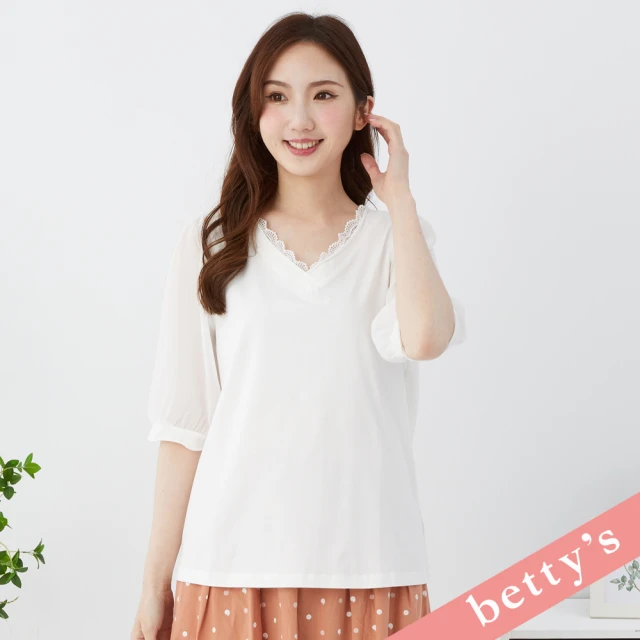 betty’s 貝蒂思 V領蕾絲雪紡拼接澎袖T-shirt(白色)