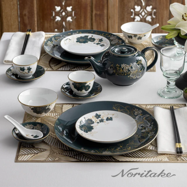 NORITAKE 金邊白瓷可微波系列-綺麗之境 復古深綠 白圓盤16CM 2入(新品上市)