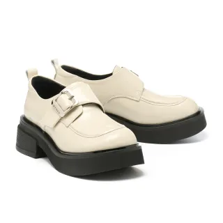 【BYHUE】別致品味LOGO方釦寬帶牛油皮軟芯厚底鞋(米白)