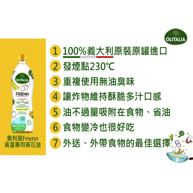 【Olitalia 奧利塔】高溫專用葵花油(1000ml)