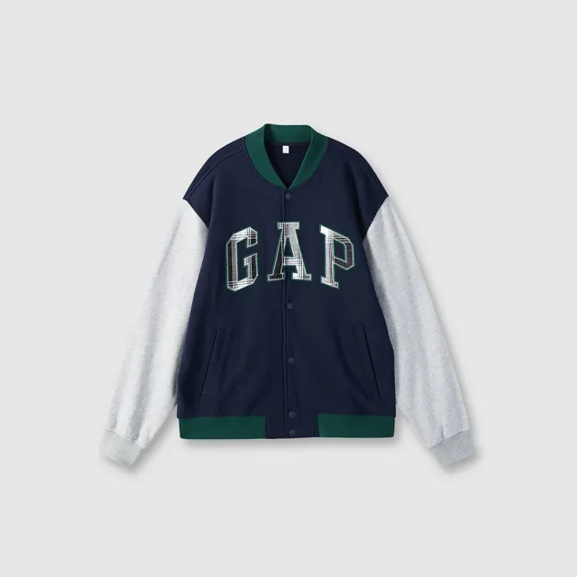 【GAP】男裝 Logo刺繡立領棒球外套 碳素軟磨法式圈織系列-海軍藍(639207)