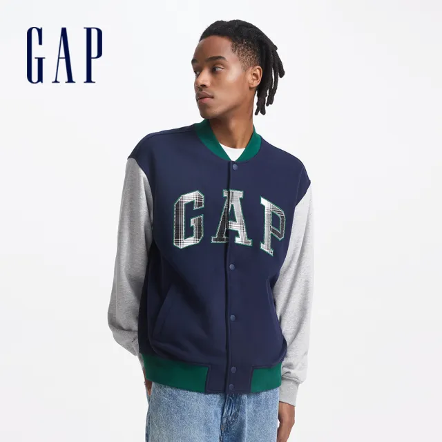 【GAP】男裝 Logo刺繡立領棒球外套 碳素軟磨法式圈織系列-海軍藍(639207)