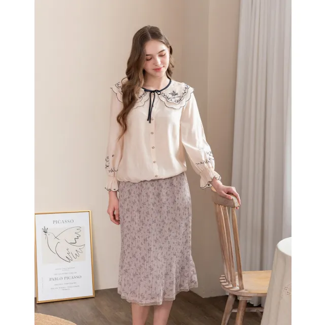 【perng yuh 芃諭名品】午後柔甜 印花雪紡 壓褶裙(附腰帶)(2024 AW Collection|3C秋冬新品上市)