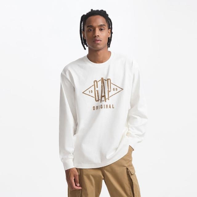 【GAP】男裝 Logo純棉印花圓領長袖上衣 水洗棉系列-白色 636239 