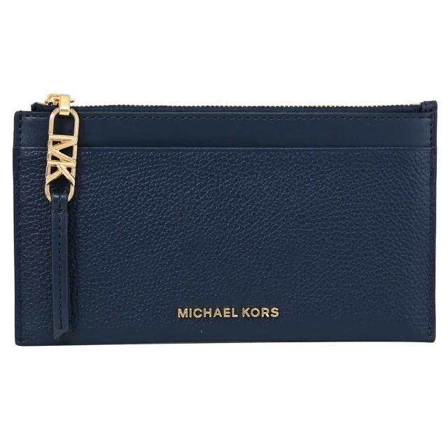 Michael Kors 簡約LOGO荔枝皮革多卡手拿包扁式零錢長夾(深藍)