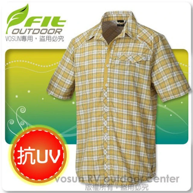 FIT 男款 格紋吸排抗UV短袖襯衫/立領.透氣.吸濕.輕量(FS1201 薑黃色)