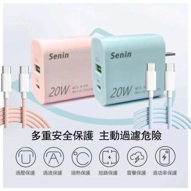 神音 senin 20W 快充頭 雙孔1A1C 充電器+快充線1米(快充頭 PD QC 蘋果)