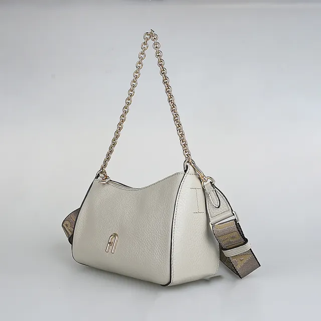 【FURLA 芙拉】FURLA PRIMULA經典拱門壓印金字LOGO粒面紋牛皮拉鍊手提斜背包(迷你/大理石灰)