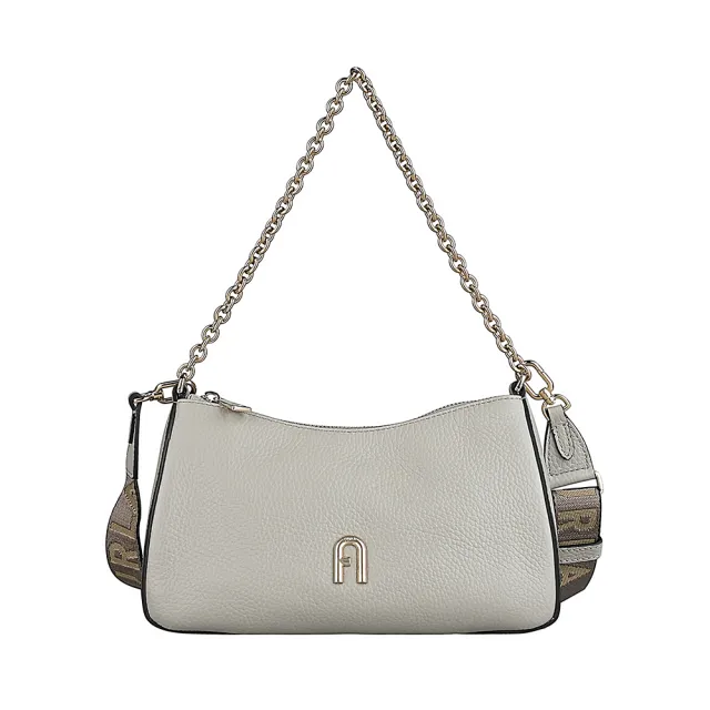 【FURLA 芙拉】FURLA PRIMULA經典拱門壓印金字LOGO粒面紋牛皮拉鍊手提斜背包(迷你/大理石灰)