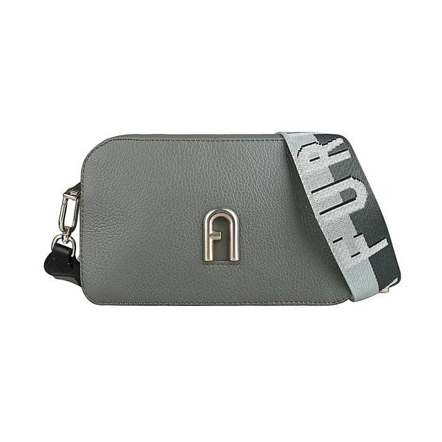 【FURLA 芙拉】FURLA PRIMULA復古金屬拱門LOGO荔枝紋設計牛皮拉鍊斜背相機包(仙人掌綠)