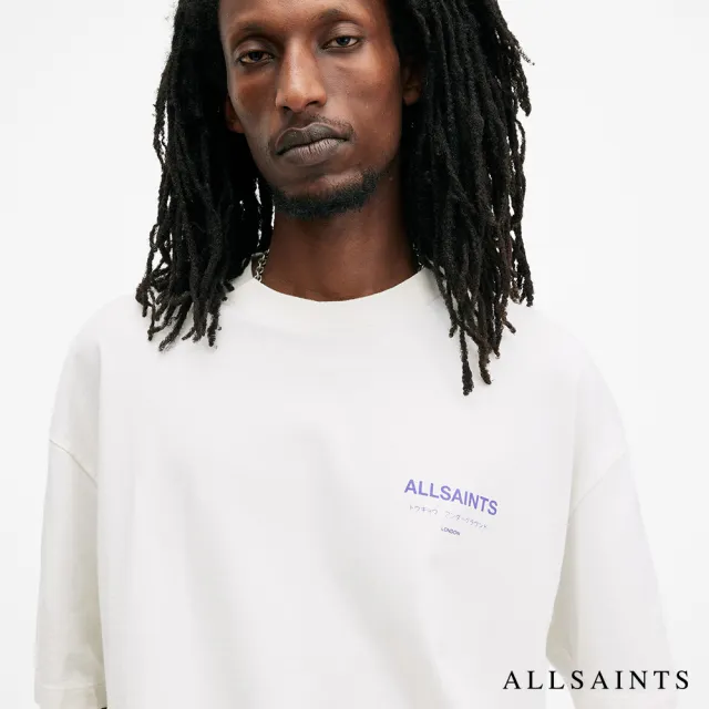 【ALLSAINTS】UNDERGROUND 純棉寬鬆LOGO東京地下搖滾短袖T恤-白紫 M044PB(寬鬆版型)