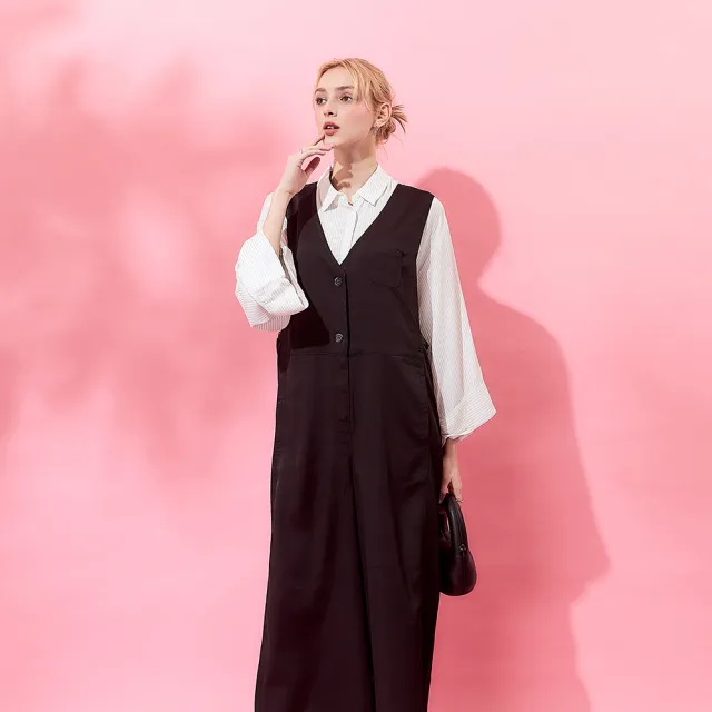 【ICHE 衣哲】法式簡約大V釦飾設計西裝連身褲裝
