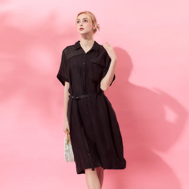 【ICHE 衣哲】Cop.Copine 法式棉籽絨開襟短袖洋裝-黑色