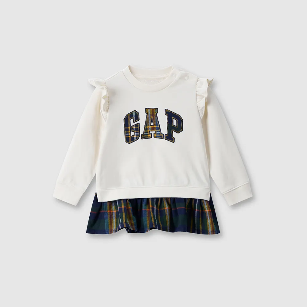 【GAP】女幼童裝 Logo刺繡假兩件圓領長袖上衣 碳素軟磨法式圈織系列-象牙白(643510)