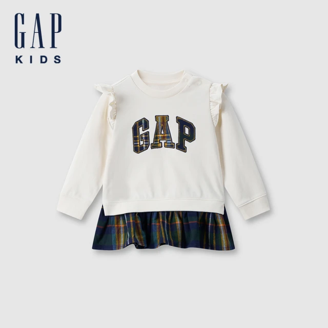 GAP 女幼童裝 Logo刺繡假兩件圓領長袖上衣 碳素軟磨法式圈織系列-象牙白(643510)