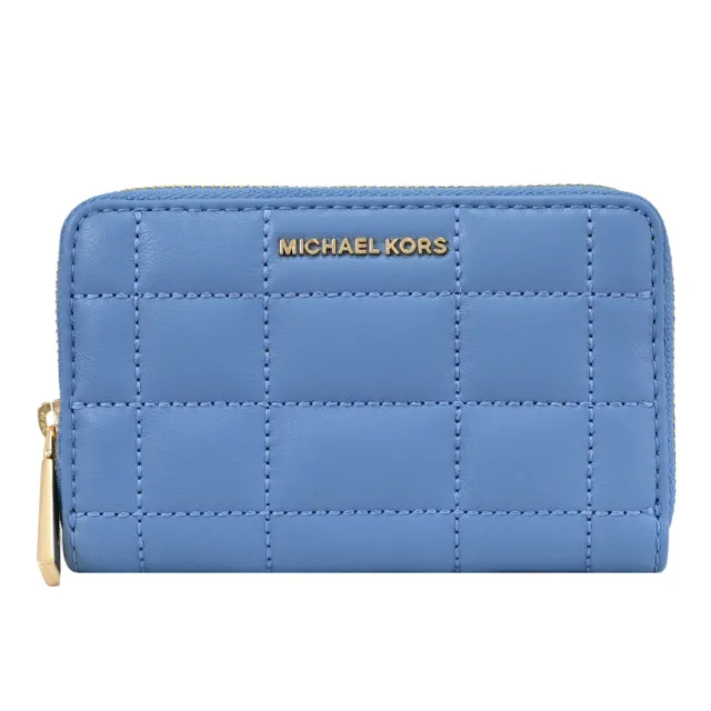 【Michael Kors】簡約金屬車線格紋信用卡證件名片零錢包(藍)