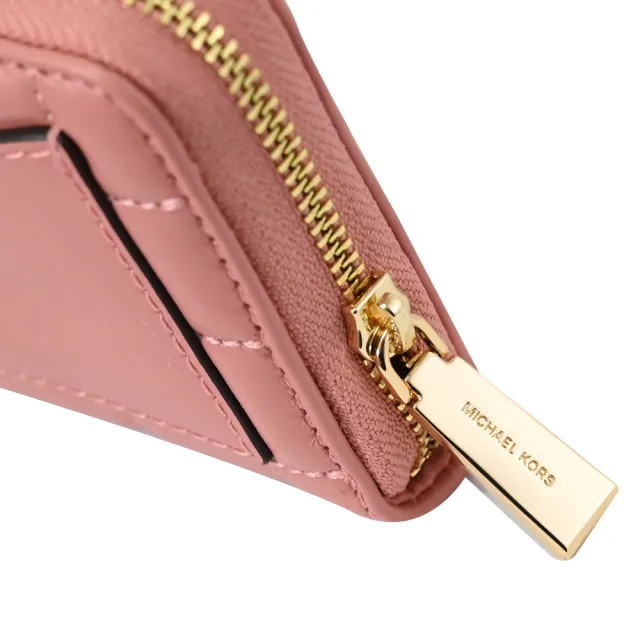 【Michael Kors】簡約金屬車線格紋信用卡證件名片零錢包(玫瑰粉)