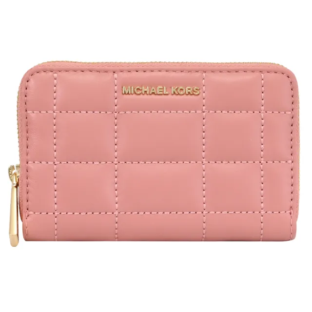 【Michael Kors】簡約金屬車線格紋信用卡證件名片零錢包(玫瑰粉)