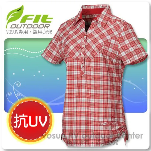 【FIT】女款 格紋吸排抗UV短袖襯衫/立領.透氣.吸濕.輕量.涼爽(FS2201 魅力紅)