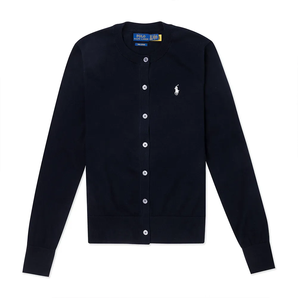 【RALPH LAUREN】RL POLO 經典圓領刺繡小馬針織開襟外套-女-黑色 上衣(平輸品)