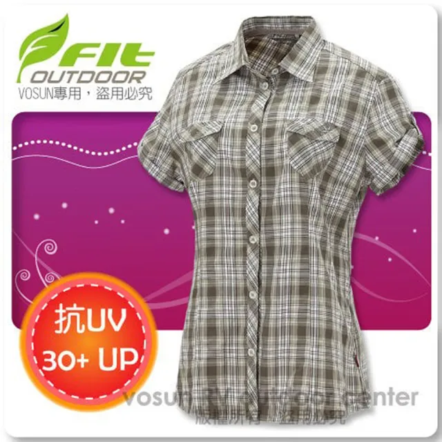 【FIT】女款 格紋吸排抗UV短袖襯衫/立領.透氣.吸濕.輕量(FS2203 灰卡其)