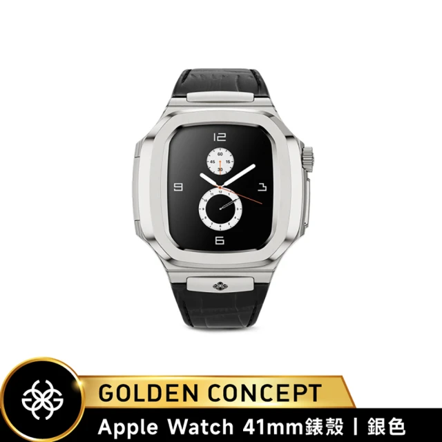 Golden Concept Apple Watch 41mm 保護殼 ROL41 銀錶殼/黑皮革錶帶(Royal Leather)