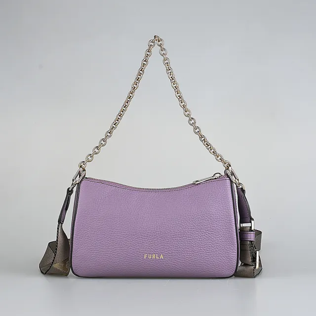 【FURLA 芙拉】FURLA PRIMULA經典拱門壓印金字LOGO粒面紋牛皮拉鍊手提斜背包(迷你/丁香紫)