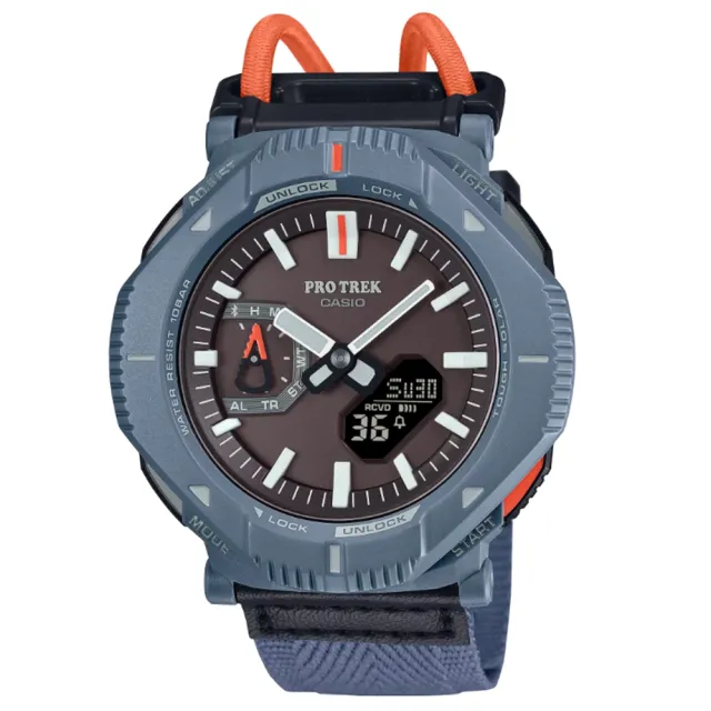 【CASIO 卡西歐】PRO TREK 超輕型 戶外時尚 旋轉錶圈 獨特彈力繩錶帶 灰藍 藍牙 太陽能 PRJ-B001B-2_46mm