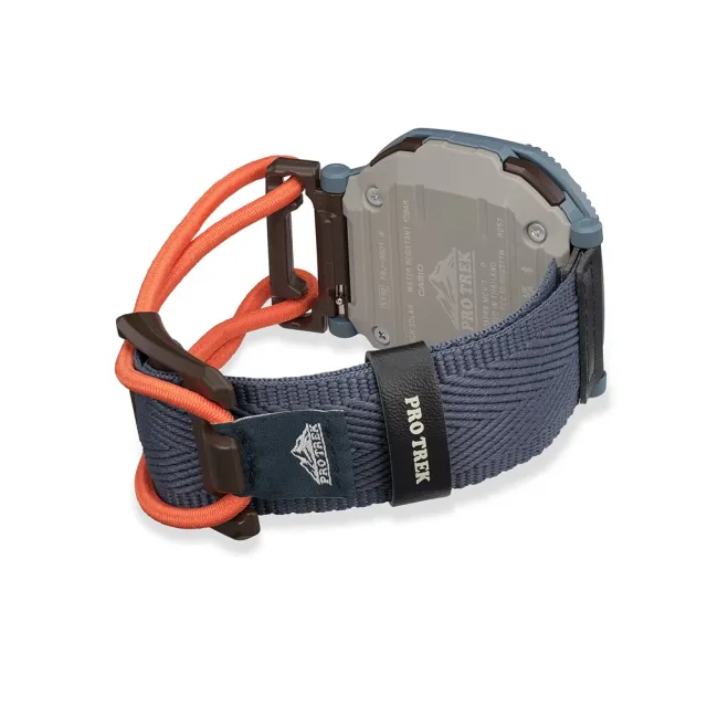 【CASIO 卡西歐】PRO TREK 超輕型 戶外時尚 旋轉錶圈 獨特彈力繩錶帶 灰藍 藍牙 太陽能 PRJ-B001B-2_46mm
