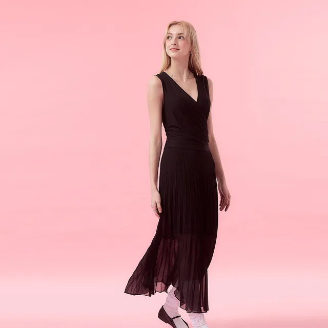 【ICHE 衣哲】Cop.Copine 法式輕時尚V領抓皺紡紗層次拼接百摺造型長洋裝