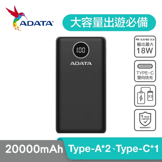 【ADATA 威剛】P20000QCD 數位顯示電量20000mAh 快充行動電源