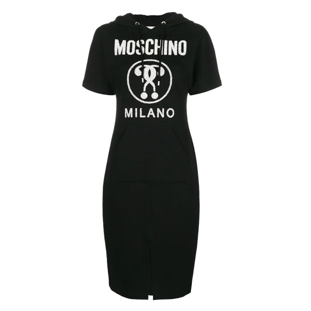 MOSCHINO MILANO 純棉厚磅連帽前開岔長版連身裙 洋裝 黑色(T0440 5526 3555)