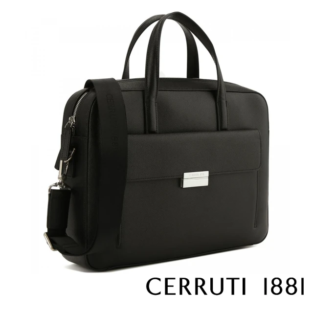 Cerruti 1881 義大利頂級小牛皮十字紋旅行公事包肩背包(黑色 CECA06756M)