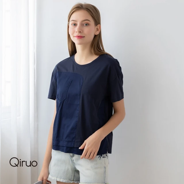 Qiruo 奇若名品 專櫃深藍精品上衣3257A 時髦簡約上班族(M-2XL)