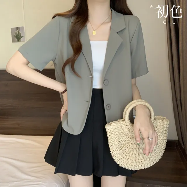 【初色】通勤風純色單排釦開衫領短袖五分袖西裝外套女外套-共3色-36851(M-4XL可選)