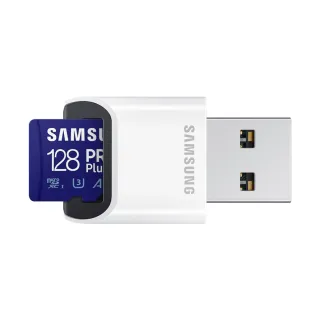 【SAMSUNG 三星】PRO Plus microSDXC U3 A2 V30 128GB記憶卡 含高速讀卡機 公司貨(Switch/ROG Ally/GoPro)