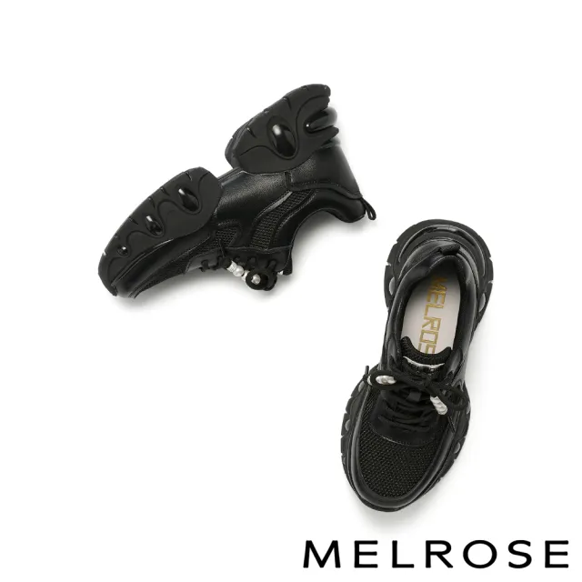 【MELROSE】雙11 美樂斯 率性甜酷珍珠鑽釦網布拼接牛皮厚底休閒鞋(黑)