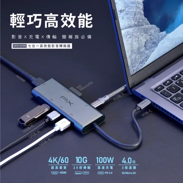 【PX 大通-】最划算2年保固7合1快充100W瓦USB Type C HDMI hub集線器4k七合一Hub轉接SD 4.0 mac(UCH-2110S)