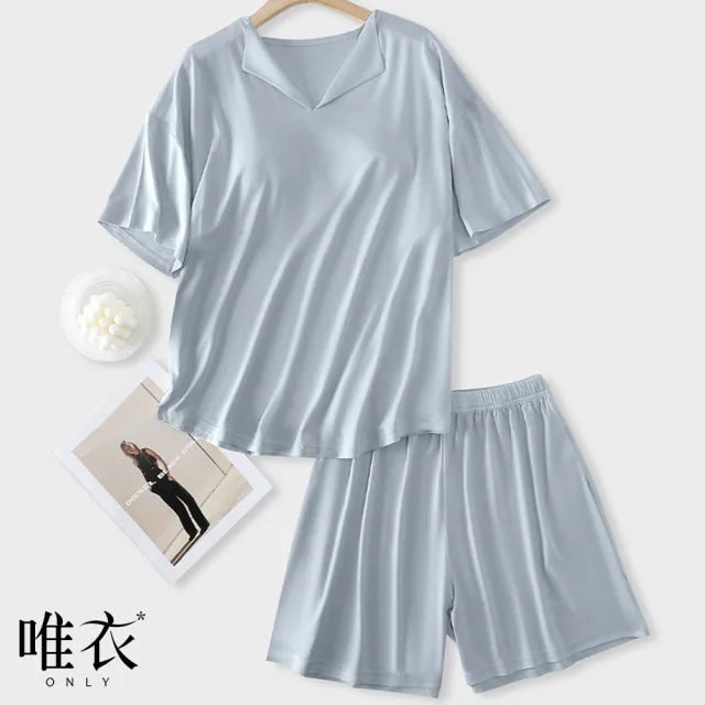 【唯衣】1套組 純色翻領短袖帶Bra內衣透氣帶胸墊T恤上衣+休閒高彈力短褲居家服套裝-82028(M-3XL可選)