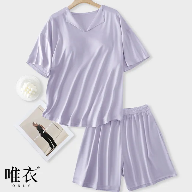 【唯衣】1套組 純色翻領短袖帶Bra內衣透氣帶胸墊T恤上衣+休閒高彈力短褲居家服套裝-82028(M-3XL可選)