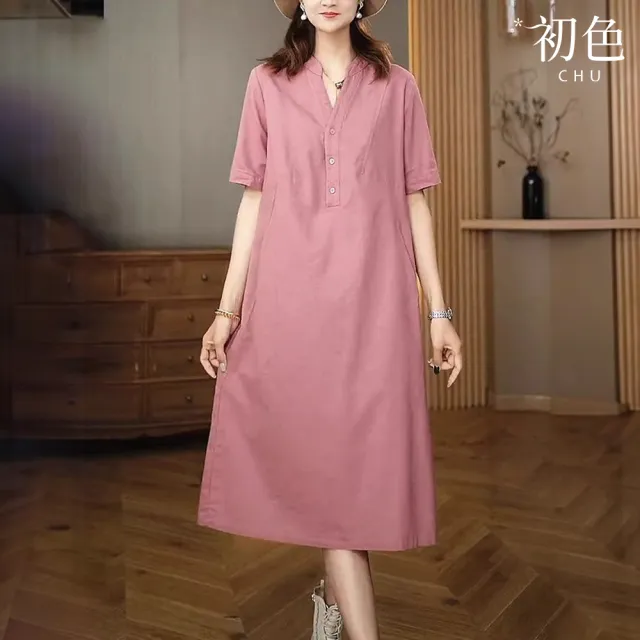 【初色】文藝純色休閒透氣寬鬆顯瘦V領短袖連衣裙連身洋裝長洋裝-共4色-36943(M-2XL可選)